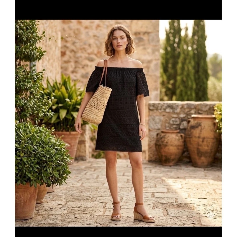 NWT Lauren Ralph Lauren Black Eyelet Off Shoulder Dress 22W Cotton Mini LBD $205